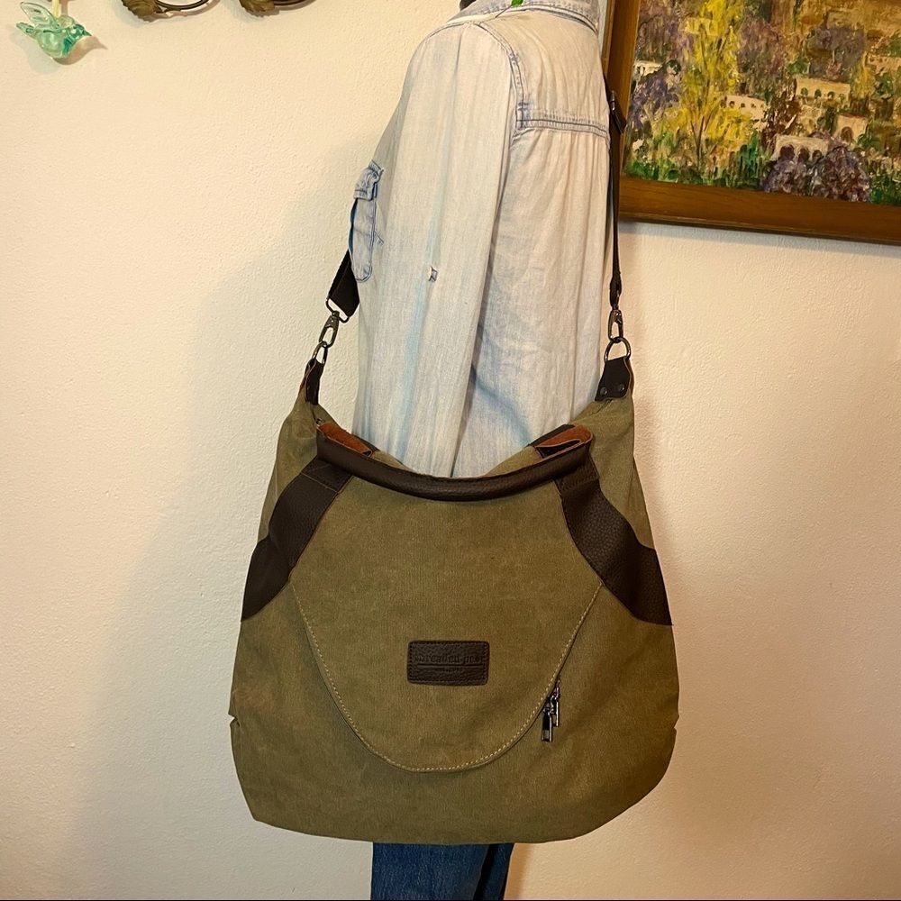 Threaded pear crossbody canvas bag